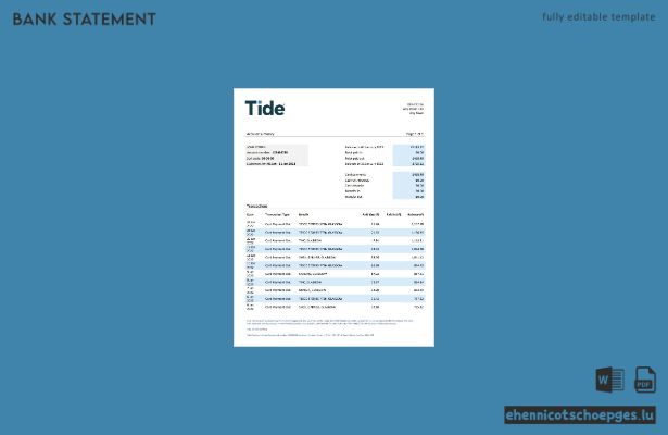 Beispiel für einen Kontoauszug der Tide Bank aus Großbritannien (Vorschau)
